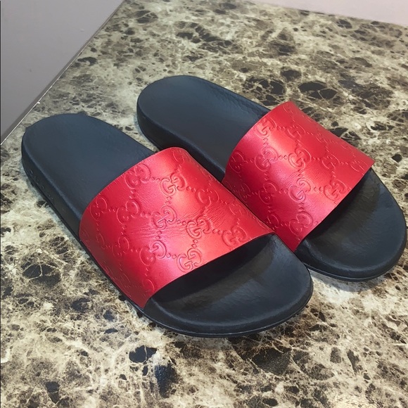 red leather gucci slides